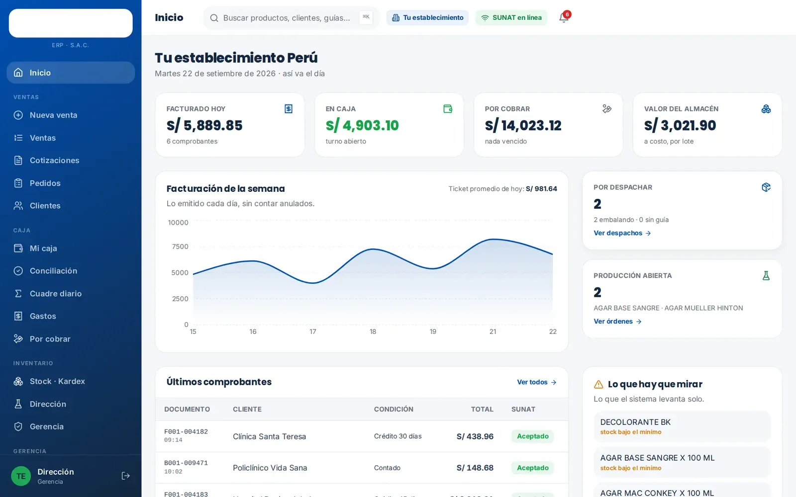 Panel de ventas y almacén de un ERP para distribuidora médica desarrollado por Medik Agency, con datos ficticios