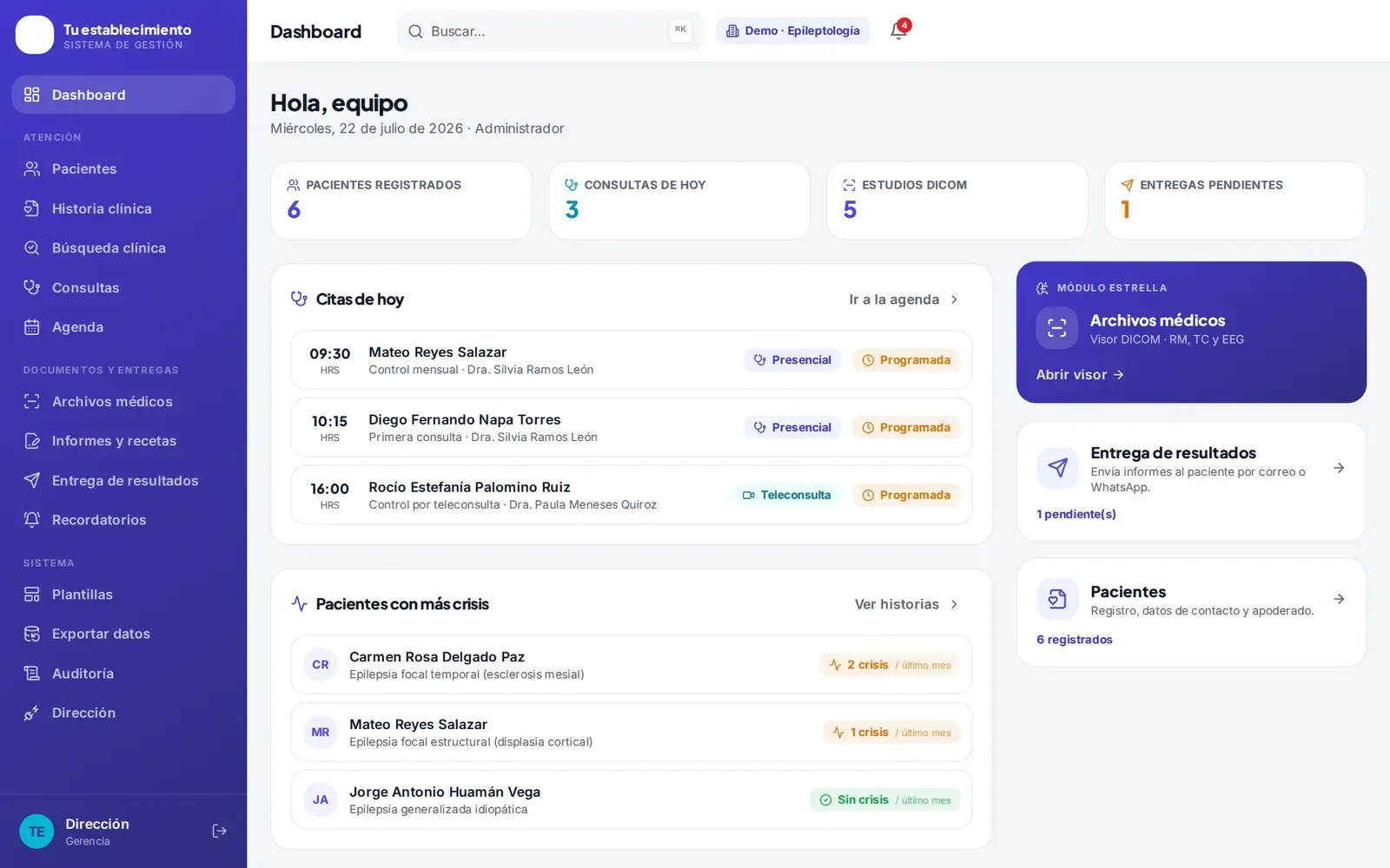 Sistema para neurología desarrollado por Medik Agency, con datos ficticios